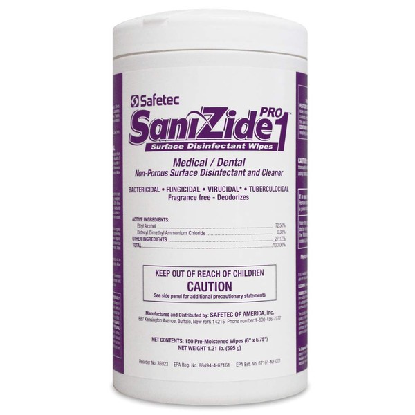 Safetec SaniZide Pro 1 Surface Disinfectant Wipes in 150ct Canister (Pack of 2 Canisters)