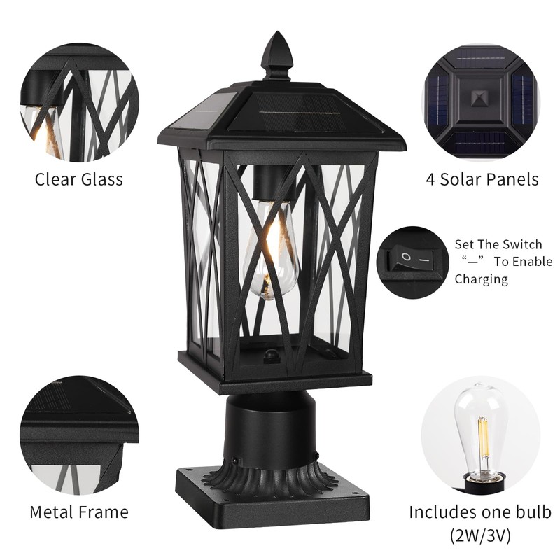 Treekee Solar Post Light Outdoor, Rustic Black Pier Mount Lantern