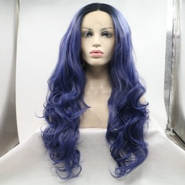 SERENEWIG 13x3 Pre-plucked Ombre Dark Blue Synthetic Lace Front Wigs for Women 1B Black Ombre Blue Body Wave Heat Resistant Half Hand Tied Replacement Wigs 24"