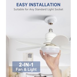 DGO Socket Fan Light Ceiling Fans with Lights and Remote Control,Dimmable LED Ceiling Fan with Extenders,2000 Lumens Light Bulb Screw in Silent Ceiling Fan for Room,Bedroom,Living Room,Garage,Kitchen