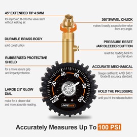 SAFELIFE Tire Pressure Gauge (0-100 PSI) Heavy Duty, Certified ANSI Accurate with Large 2.5 Inch Easy to Read Glow Dial, Low - High Air Pressure Gauge. Tire Gauge for Car and Trucks Tires