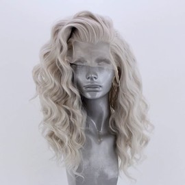 RONGDUOYI Shoulder Length Light Grey Body Wave Lace Front Wigs for Women Girls Heat Resistant Synthetic Wig with Free Part Ash Silver Natural Looking Daily Wear Wig (16Inch, 4503)