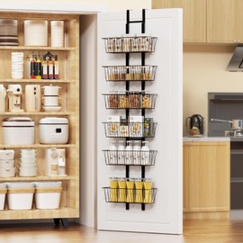 Hocookeper 6 Tier Over the Door Pantry Organizer, Over the Door Spice Rack with Adjustable Baskets, Metal Hanging Door Pantry Organizers and Storage for Kitchen Bathroom Bedroom, Black
