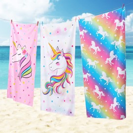 Unicorn Beach Towel - 76 x 150cm Pink Polyester Camping Towels for Girls Kids Quick Dry Ultra Absorbent Super Soft Beach Blanket Pool Travel Swimming Bath Shower Towel