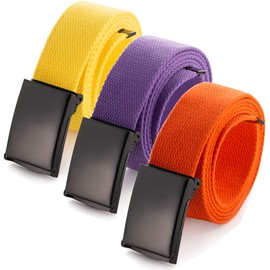 Cut To Fit Canvas Web Belt Size Up to 52" with Flip-Top Solid Black Military Buckle (3 Pack Yellow/Orange/Purple)