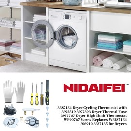 NIDAIFEI 3977767 High Limit Thermostat 3387134 Cycling Thermostat 3977393 3392519 Dryer Thermal Fuse and Assembly Tool Kit Replaces 3399693, WP3977767VP, 898078 for Dryers
