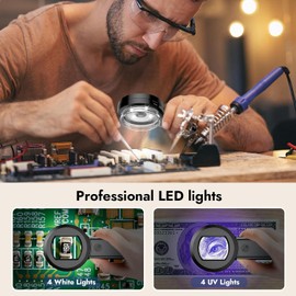 100X Magnifying Glass for Reading, Digital Magnifier with 2inch Screen, Coin Magnifier with White/Purple Lights, Compatible with Windows/Mac, Include 32GB Card