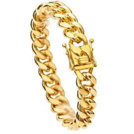 Gold Cuban Link Chain Necklace or Bracelet with Design Box Clasp for Men Boys 18K Gold Stainless Steel Hip Hop Miami Curb Chains(12MM, 9.5")
