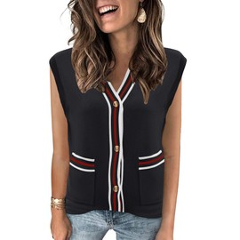 LOMON Womens Sweater Vest Summer Tank Tops Cap Sleeve V Neck Knit Cardigan Sweaters Button Down Shirts with Pockets Black
