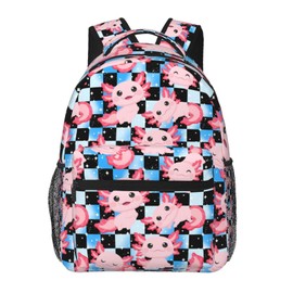 VTHXLOI Blue And Black Plaid Cute Axolotl Kids Backpack for Girls School Backpack Laptop Backpack Travel Hiking Camping Work Computer Back Packs School Gifts