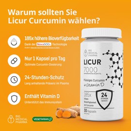 Turmeric capsules with vitamin D3 | 185 x higher bioavailability NovaSOL® Curcumin | high dosage 720mg, 1 capsule daily | GMO and gluten free | LICUR 7000D Premium liquid curcumin capsules