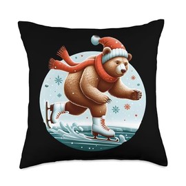 Bear Ice Skating Wearing Ski Goggles Bear Ice Skating Throw Pillow, 18x18, Multicolor