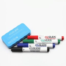 Eziglide Assorted Bullet Tip Whiteboard Pens 4 Pack with Magnetic Eraser, Black, Red, Blue & Green Whiteboard Markers, Dry Wipe Pens for Whiteboard, Colour White Board Markers Erasable