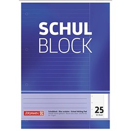 Brunnen 1052525 School Notepad (A4, 50 Sheets, Ruled, with Margin, Line Style 25, Punched, Glued Head, 70 g/m²)