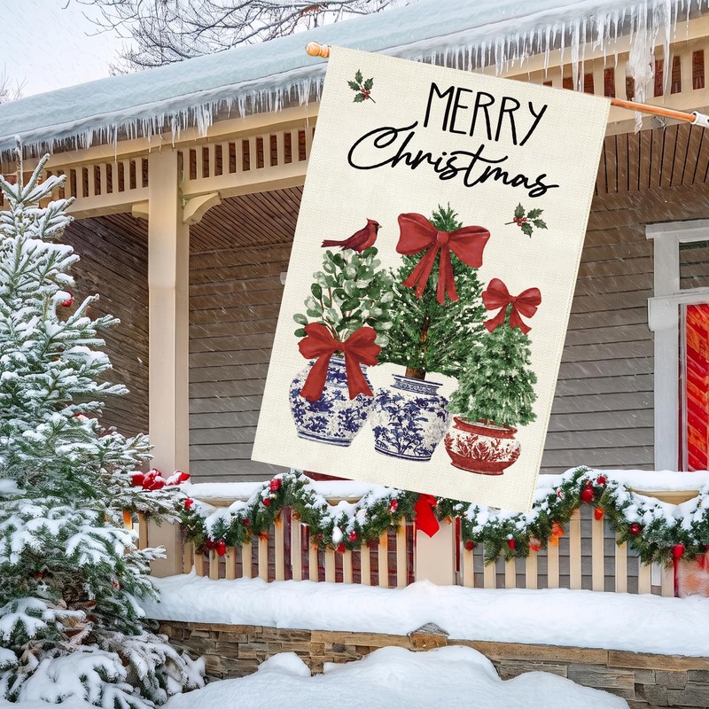Christmas House Flag 28x40 Inch Large Winter Pine Trees Farmhouse