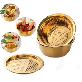 QOBIMOON 3PC/Set Colander set Stainless Steel Vegetable Slicer Fruit Potato Peeler Carrot Grater Strainer Utensil Round Rice Washer Bowl Drain Basket-Gold