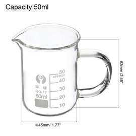 PATIKIL 50ml Glass Beaker with Handle, 3.3 Borosilicate Glass Graduated Printed Scale Measuring Cups with Spout for Kitchen Lab Liquids Transit Boiling