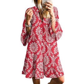 SELINK Womens Long Sleeve Dresses Casual V Neck Tribal Print Button Flowy Boho Mini Beach Dress Red-L