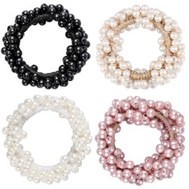 4 Pcs Pearl Hair Scrunchies, Elastic Hair Ropes Ponytail Holder Scrunchies