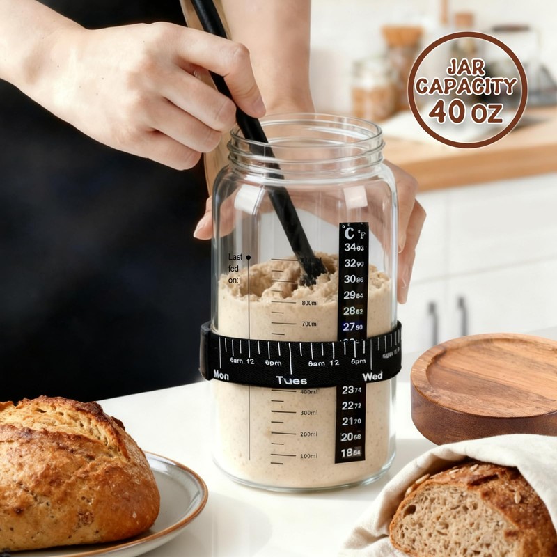 Sourdough Starter Kit,40oz Sourdough Starter Jar with Wooden Lid,2 Banneton