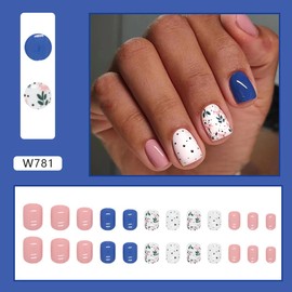 24Pcs Press on Nails Short Square Fake Nails White with Flower Design Blue Pink Full Cover False Nails Glossy Glue on Nails Stick on Nails Women Girls Manicure Decorations