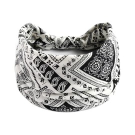 1 Pack Boho Headbands Stretch Paisley Print Bandana Headband Criss Cross Hair Bands Knotted Head Wrap Yoga Daily for Women and Girls (White Black)
