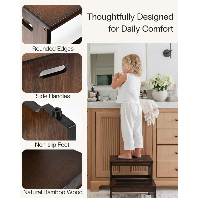 StrongTek Bed Step Stool for High Beds, Large Bamboo 2-Step