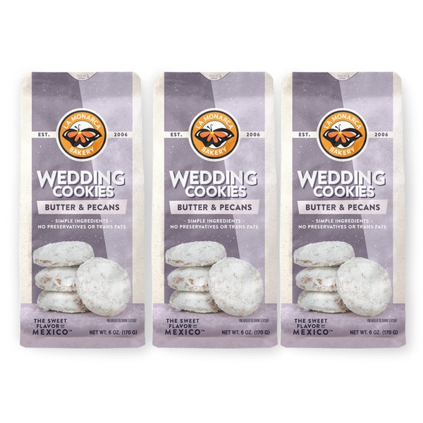 Mexican Wedding Cookies, 6 Ounce (Pack of 3), Buttery Cookies with Pecans and Dusted with Powdered Sugar by La Monarca Bakery