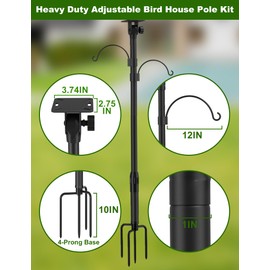 KBLOONG Squirrel-Proof Adjustable 79" Bird Feeder Pole with Double Shepherd Hooks | Heavy-Duty Yard Decor for Bird Houses & Feeders | Black (House Not Included)