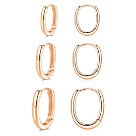 Cangall 3 Pairs 925 Sterling Silver Rose Gold Hoop Earrings for Women, Hypoallergenic Rose Gold Oval Huggie Earrings Set, Minimalist Small Sleeper U Hoop Geometric Ear Hoops for Multiple Piercing