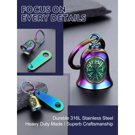 Bandmax Lucky Guardian Bells for Biker Rider Men Stainless Steel Viking Compass Vegvisir Motorcycle Bell Keychain Key Tag Norse Viking Protection Amulet