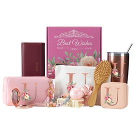 Birthday Set for Women - Initial Letter Bath and Spa Gift Box for Mom, Bridesmaids, Wife, Mother's Day, Wedding, Christmas - Unique Relaxing Idea for Her, Friend, Grandma, Sister (U)
