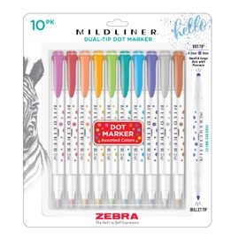 Zebra Pen Mildliner Dual-Tip Dot Stamp Marker, Water-Based Pigment Ink, Extra Fine Bullet & Dot Stamp Tips, Assorted Colors, 10-Pack (73310)
