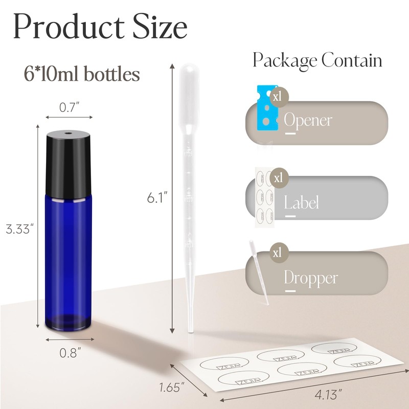 ZEJIA 10ml roller bottles for essential oils, 6 Pack Roll