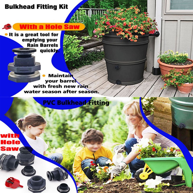 3/4 Inch Rain Barrel Bulkhead Fitting Kit with Plugs Hole