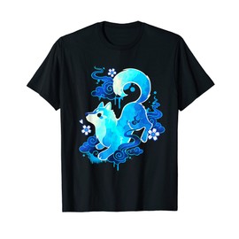 Kawaii Cute Wolf Anime Chibi Full Moon Japan Calligraphy T-Shirt, black, s