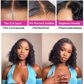 FCUFCU Glueless Wigs Human Hair Pre Plucked Pre Cut Deep Wave Bob Wig Human Hair 4x4 HD Lace Closure Wigs for Beginners 180% Density Natural Color 10 inch