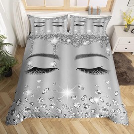 Eyelash Single Duvet Cover Set Girls,Grey Giltter Sequins Bedding Set 3D Diamond Printed Luxurious Duvet Cover Silver Gray Bedspread Cover with Zipper,Princess Style Room Decor(Grey, Single)