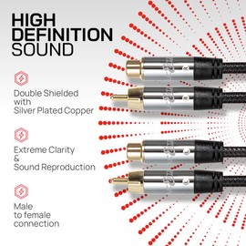 JuicEBitz RCA Cable 2m, Pro Series RCA Male to Female Audio Cable, Double Shielded Speaker Cable with Braided Design - Phono Stereo Audio Component Cable - for AMP, Turntable, Subwoofer