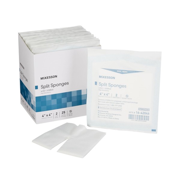 McKesson Split Sponges High Absorbency, 6-Ply Sterile, I.V. and Tracheostomy Dressings, Polyester / Rayon Blend, 4 in x 4 in, 2 Per Pack, 25 Packs, 50 Total