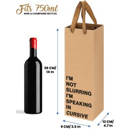 Funny Wine Gift Bag with "I'm Not Slurring I'm Speaking in Cursive" Saying – Reusable Kraft Paper Wrap Bag (4.7″ x 3.5″ x 14″) with Sturdy Handles – Humorous Gag Gift for Wine Lovers, Parties