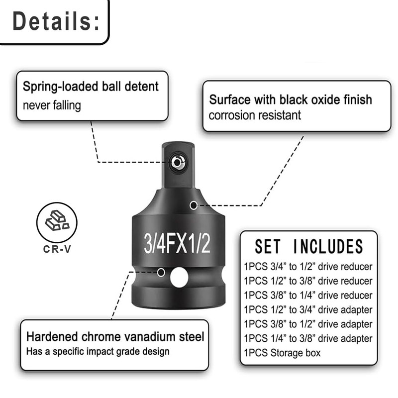 ACEBON 6 Piece Impact Socket Adapter Set, 1/4" 3/8" 1/2"