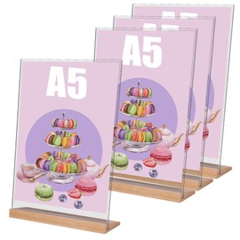 Yoosso A5 Table Stand, Pack of 4 L Shape Price Tags Stand, A5 Acrylic Photo Stand, Advertising Stand Display with Wooden Base for Menu Card, Cafe, Restaurant, Shop, Wedding (21 x 14.3 cm)