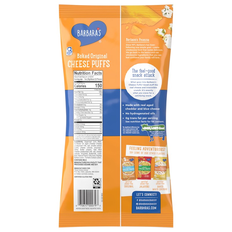 Barbara's Baked Original Cheese Puffs, Cheese Puff Kids Snack Made