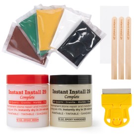 Instant Install 29 Complete - 20 Ounce Epoxy Permanent Repair Kit with EZ-Tint 10 Gram 5-Pack, Mixing Sticks, Razor, Shaping Strip - Granite, Marble, Tile - Rebonds and Rebuilds - Dry in 29 Minutes