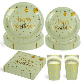 Pack of 96 Sage Green and Gold Party Tableware, Happy Birthday Sage Green Gold Birthday Party Tableware Cups Napkin Paper Plates Set for Girls Children Birthday Party Table Decoration 24 Guests