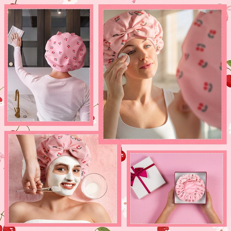Cherry Shower Cap for Women Terry Lined Shower Cap