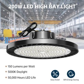 lvsdak UFO LED High Bay Lights 5000K 200W 30000LM AC100-277V with Plug High Bay Led Shop Lights Suitable for Warehouse Workshop Factory Gym Garage Barn 6 Pack