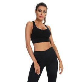 BATHRINS Strappy Sports Bras for Women Padded Wirefree Medium Support Supportive Longline Workout Yoga Bra Black