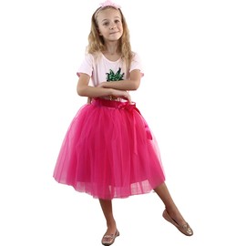Zcaynger Girls Tulle Skirt Soft A Line Tutu Skirts Dancing Dress 5-Layer Fluffy with Ribbon Rose Red